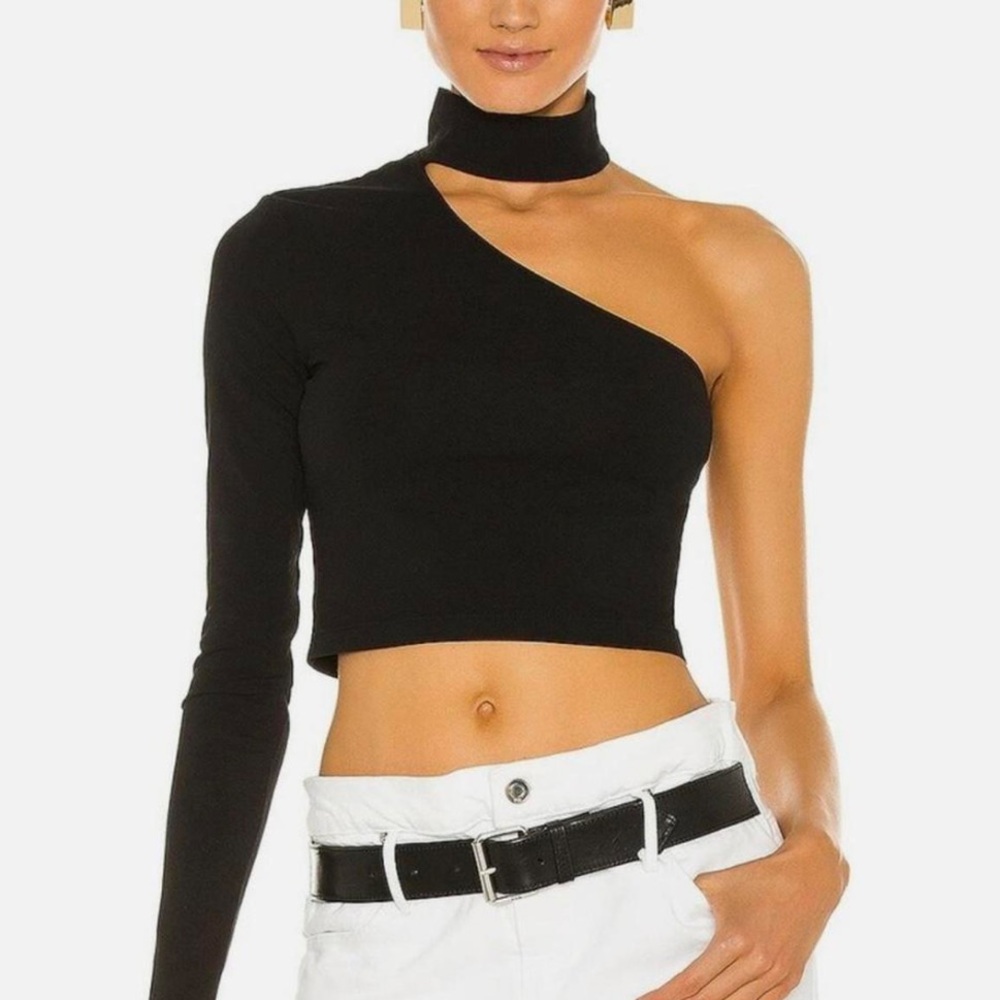 REVOLVE COTTON CITIZEN black mock neck one shoulder long sleeve crop top
